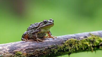 Obraz premium Close-Up of a Green Frog Relaxing on a Mossy Log in a Lush Environment : Generative AI