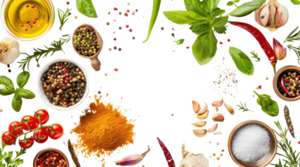 Frame of seasoning ingredients floating on transparent background