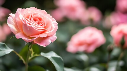 Obraz premium Closeup of a beautiful pink rose in full bloom against a soft garden backdrop filled with green leaves : Generative AI