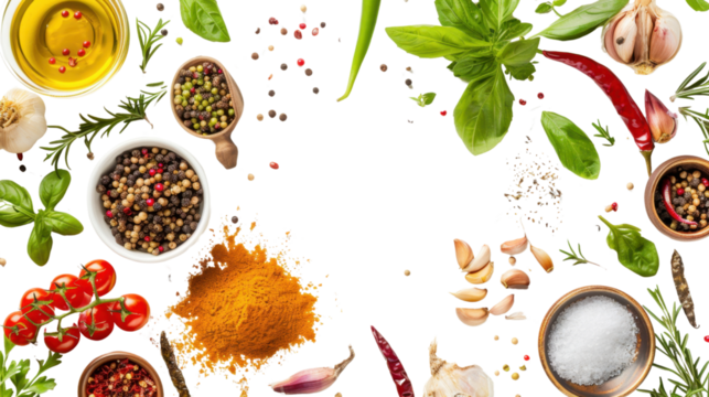 Frame of seasoning ingredients floating on transparent background