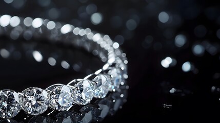 A diamond tennis bracelet in white gold, sparkling against a sleek black background