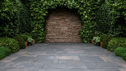 A tranquil garden patio with stone wall and lush greenery.