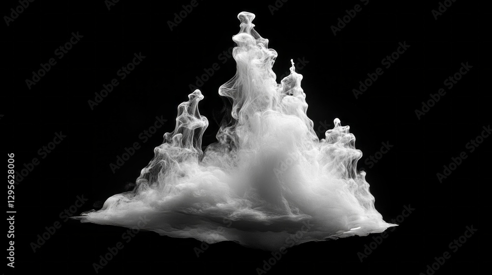 Poster a captivating display of swirling white clouds emerges from darkness, resembling a mythical landscap