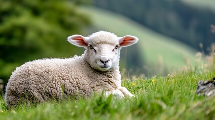 Naklejka premium Adorable lamb resting peacefully on lush green grass with a gentle smile : Generative AI