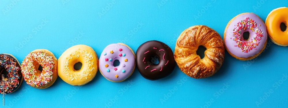 Poster this vibrant image features an array of colorful donuts arranged neatly against a bright blue backgr