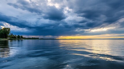 Obraz premium Dramatic Sunset Over a Calm Water Surface with Dark Clouds and Vibrant Reflections : Generative AI