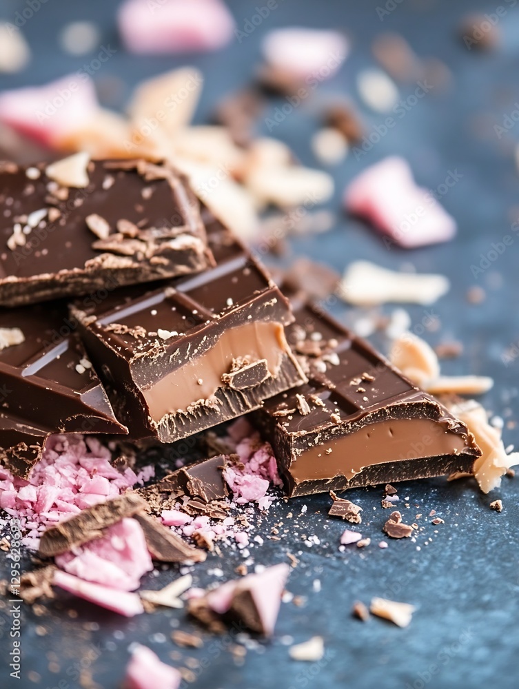 Poster decadent dark chocolate pieces scattered on a dark surface accompanied by colorful toppings : genera