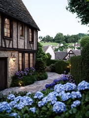 Charming cottage exterior with stone facade and blooming hydrangeas.