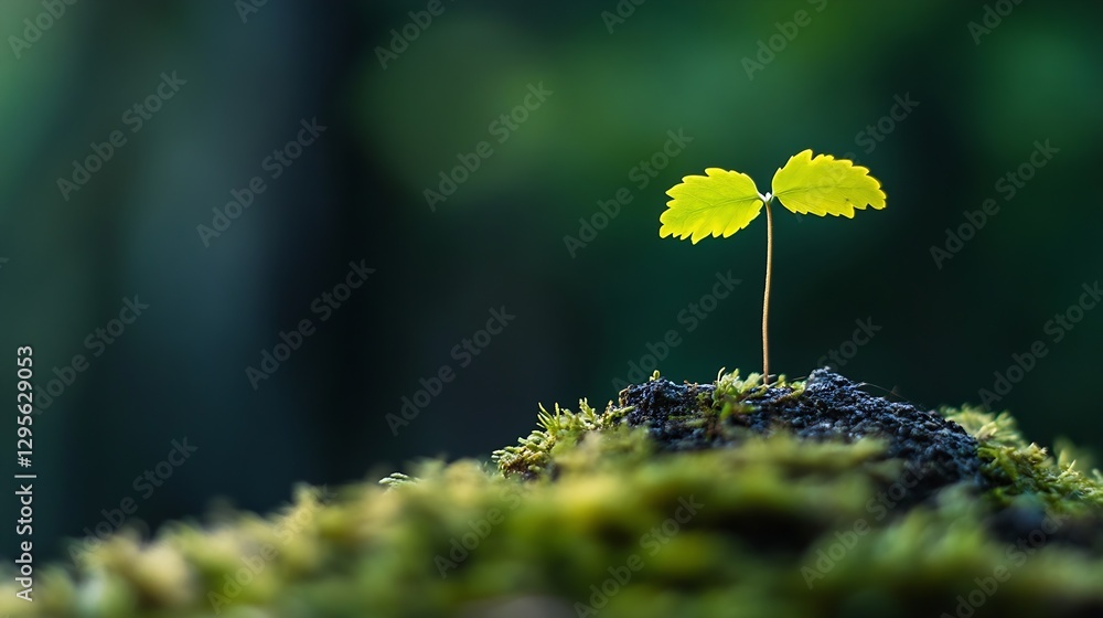 Poster A small green sprout emerging from dark soil surrounded by soft moss in a tranquil forest environment capturing growth and renewal : Generative AI