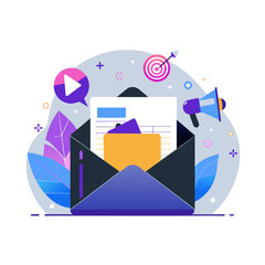 Obraz premium Email marketing campaign visual with elements of video content and promotional messaging. Open envelope with documents and a megaphone, suggesting a marketing strategy for outreach.