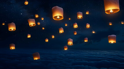 Majestic Night Sky Filled with Glowing Lanterns Over Cloud Sea