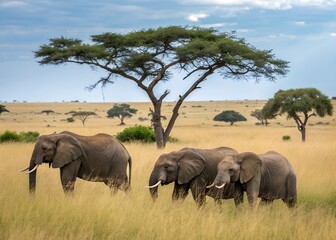Fototapeta premium Three elephants, African savanna, wildlife, conservation