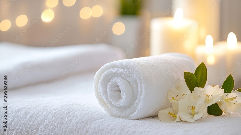Poster Luxurious Spa Setting with Rolled White Towels and Soft Candlelight for Relaxation Themes : Generative AI