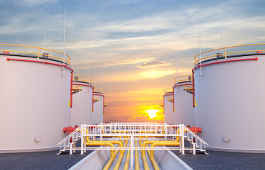 Storage fuel container tanks in petroleum refinery industrial factory. Oil industry concept
