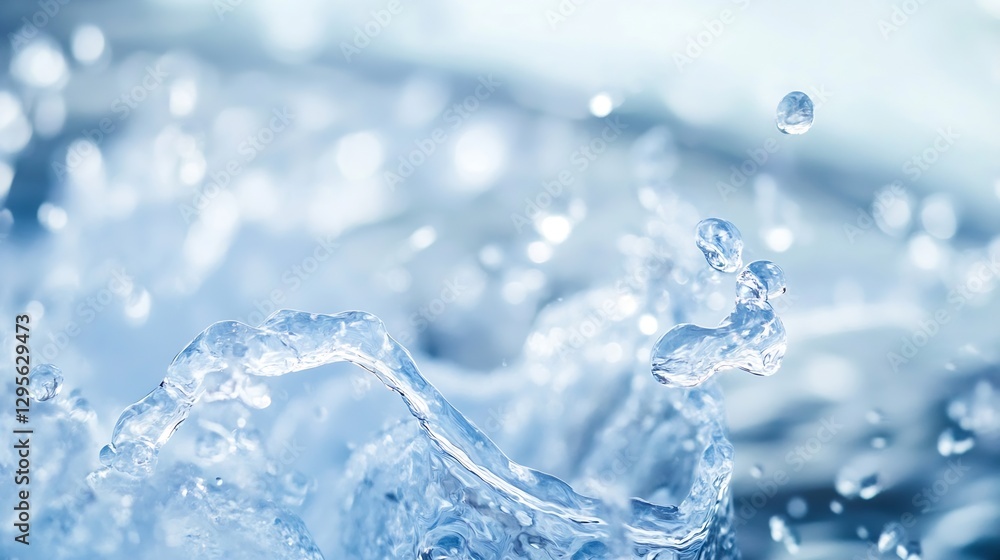 Poster closeup of water droplets splashing and creating a stunning pattern in clear liquid on a blue backgr