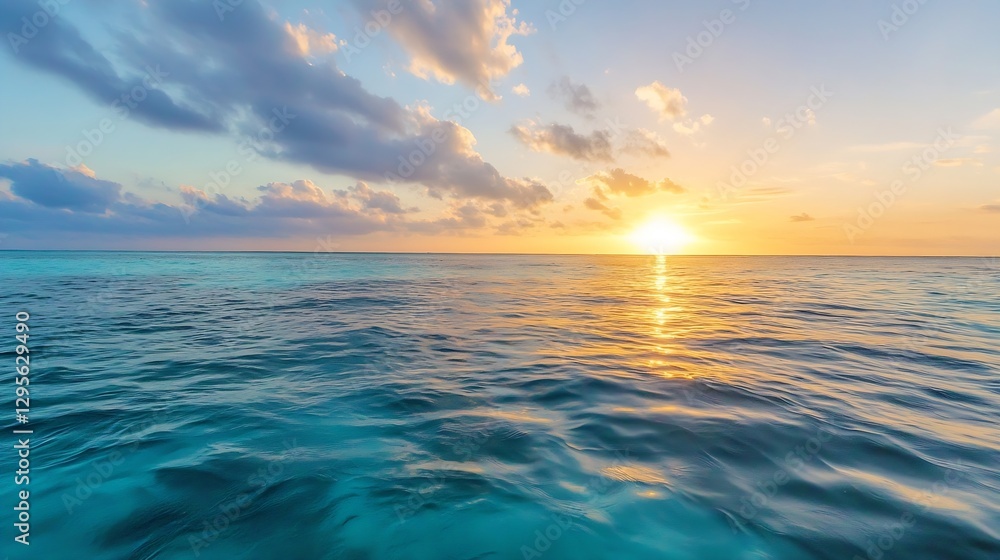 Poster tranquil seascape with sun setting over calm ocean waves : generative ai