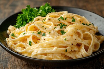 A bowl of creamy fettuccine alfredo, garnished with fresh parsley.