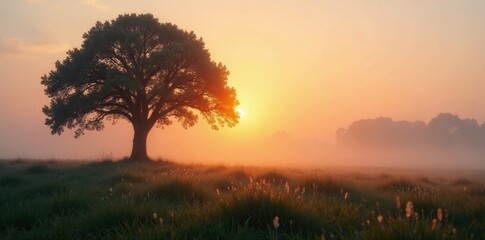 Fototapeta premium Lone oak in foggy meadow, sunrise light breaks through , sunrise, solitary