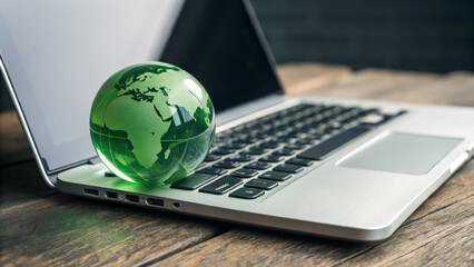 close up of laptop computer with green globe symbolizing sustainability and technology