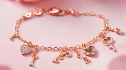 A rose gold charm bracelet with tiny heart and key pendants, floating on a soft pastel backdrop