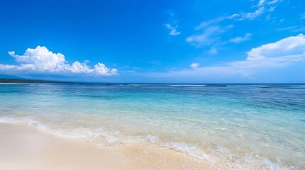 Obraz premium Clear turquoise waters on bright sandy beach under sunny blue sky : Generative AI