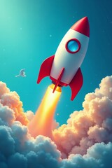 Rocket ship with pencils, ruler, and backpack soaring on blue, exploration, clouds