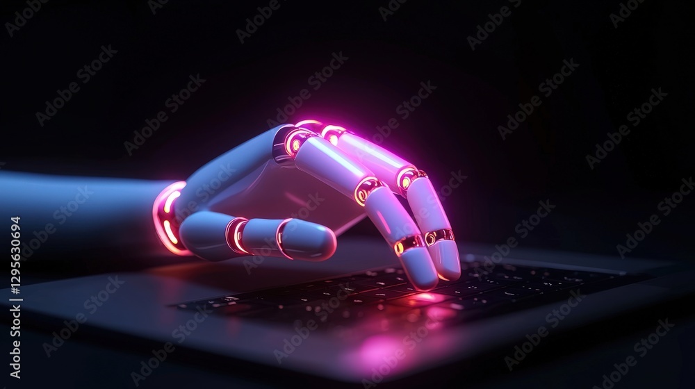 Aufkleber robotic hand typing on laptop keyboard with glowing light in dark background