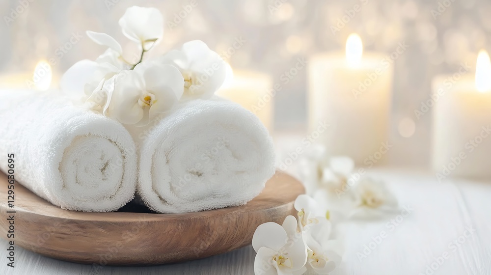 Poster luxury spa setting with white towels orchids and candles for relaxation : generative ai