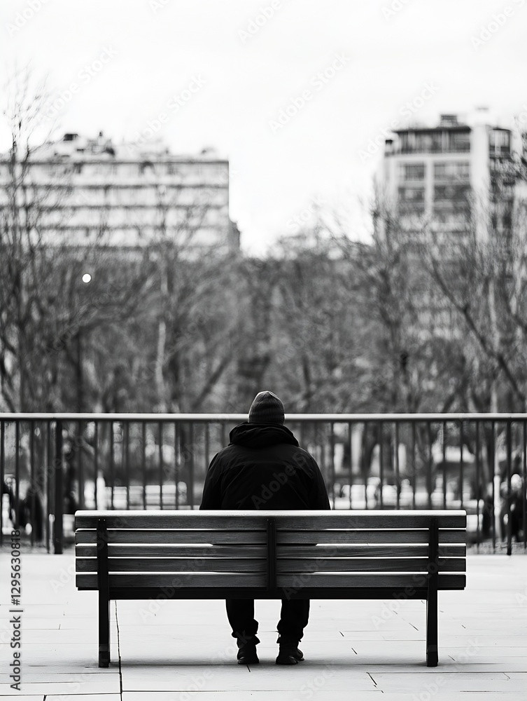 Poster lonely man sitting on park bench staring into the distance in a gloomy urban setting : generative ai