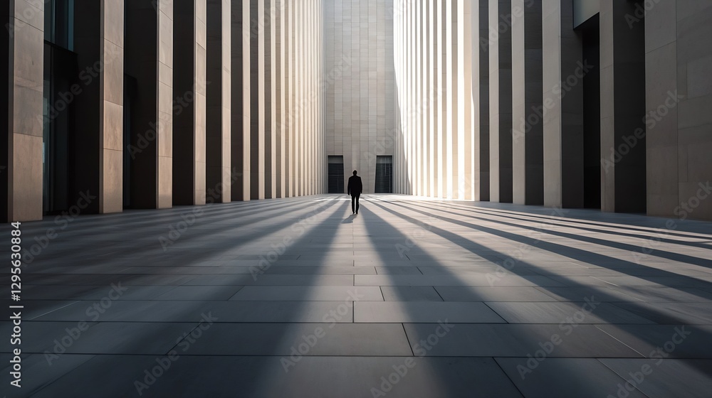Poster Mysterious figure walking alone through tall architectural shadows emphasizing urban solitude : Generative AI