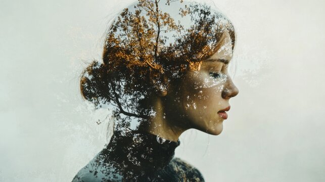 Serene Woman Portrait with Autumn Tree Overlay