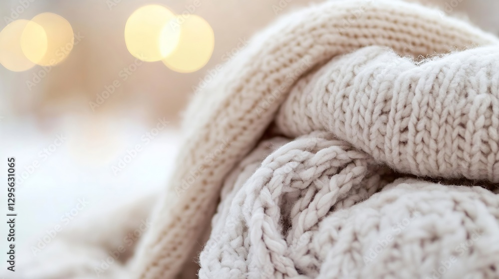 Poster Softly Folded Cream Knitted Sweaters with Tactile Texture and Decorative Bokeh Lights : Generative AI