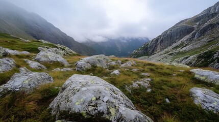 Fototapeta premium Misty mountain landscape showcasing jagged peaks and lush green grass in an untouched wilderness : Generative AI