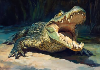 Fototapeta premium Detailed Close-Up of a Crocodile with Open Mouth Captured in a Natural Habitat Surrounded by Lush Greenery and Soft Ambient Lighting