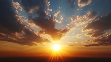 Stunning sunset over the horizon with dramatic clouds and bright sun illuminating the sky at dusk : Generative AI