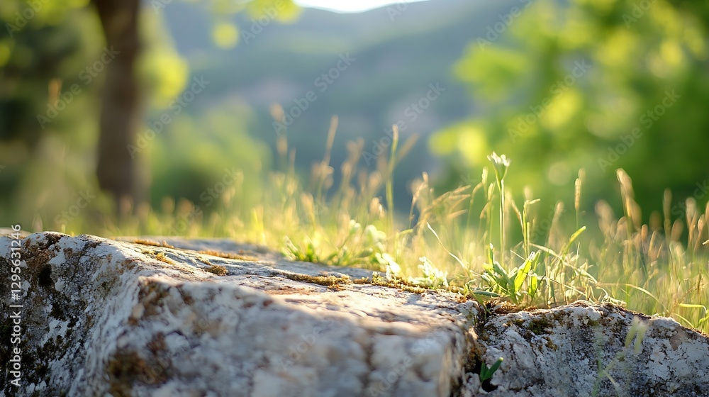 Aufkleber natural rock formation surrounded by lush greenery and grasses creating a peaceful wilderness scene 
