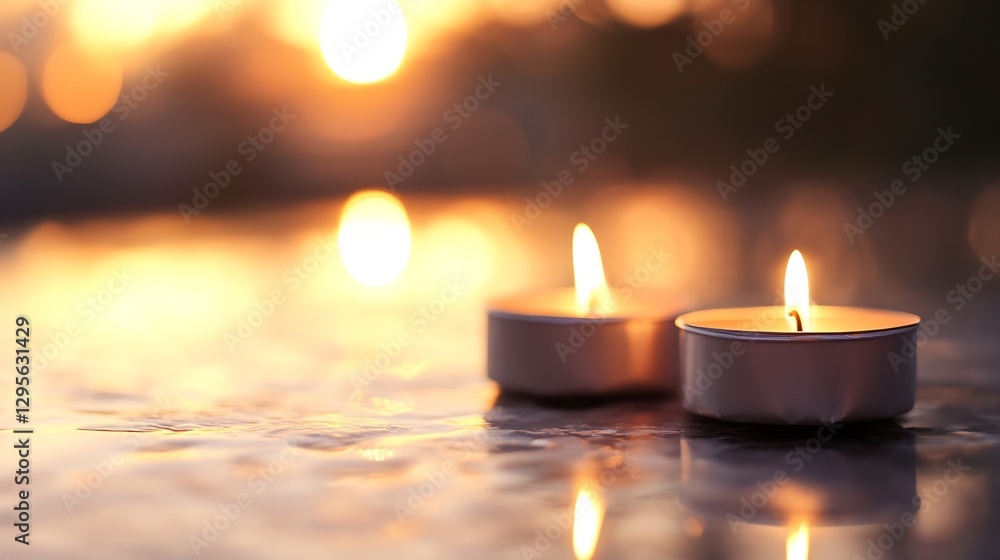 Poster close up of flickering candles on a reflective surface during a serene sunset atmosphere : generativ