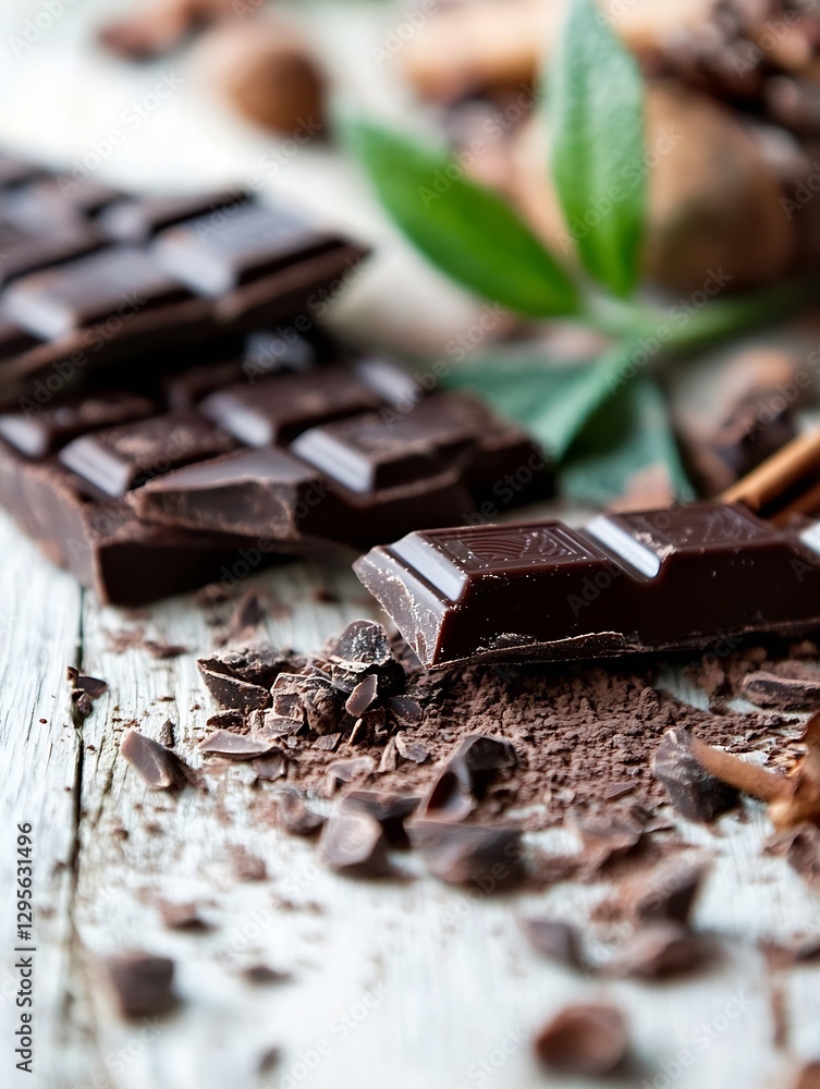 Poster Elegant display of dark chocolate bars with mint leaves and cacao nibs creating a flavorful gourmet scene : Generative AI
