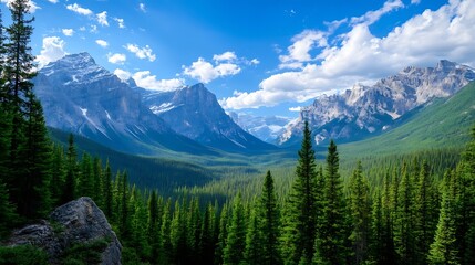 Obraz premium Majestic mountain range enveloped by lush greenery and vibrant blue sky creating a serene environment : Generative AI