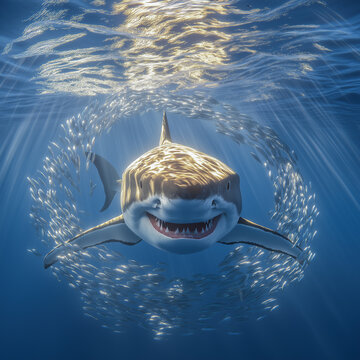 A massive great white shark in motion, its powerful body cutting through the deep blue ocean as it chases a swirling school of tiny fish. 