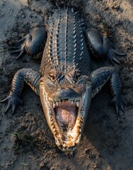 Obraz premium Detailed close-up of a large alligator with its mouth wide open, showcasing sharp teeth and textured skin against a muddy background in natural habitat