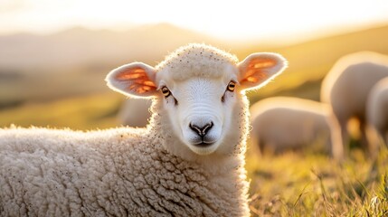 Fototapeta premium Fluffy white sheep standing with peaceful expression in beautiful golden sunlight on green hills : Generative AI