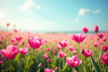Fototapeta premium Gentle breeze rustling a field of pink flowers, nature, bloom