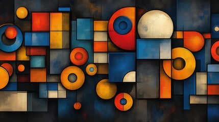 Abstract geometric design featuring vibrant circles and squares in contrasting colors of red, blue, yellow, and dark tones, ideal for modern decor or art projects.