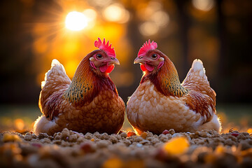 Two chickens face to face in autumnal sunlit forest