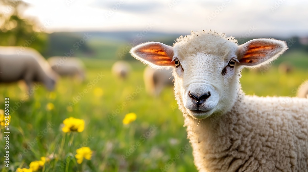 Poster adorable close up of a cute sheep looking at the camera on a sunny day in a field of flowers : gener