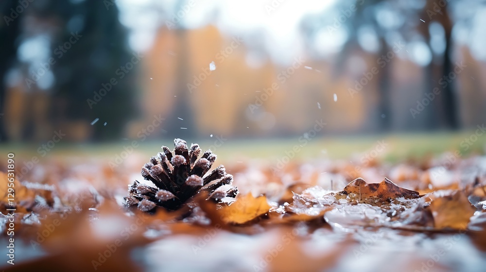Poster pine cone resting on colorful autumn leaves in a park with soft focus and gentle rain : generative a