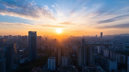 Fototapeta premium Majestic sunrise over a bustling city skyline with buildings silhouetted against the colorful sky : Generative AI
