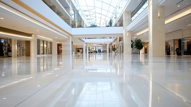 Modern shopping mall interior with spacious layout showcasing bright lighting and polished floors : Generative AI