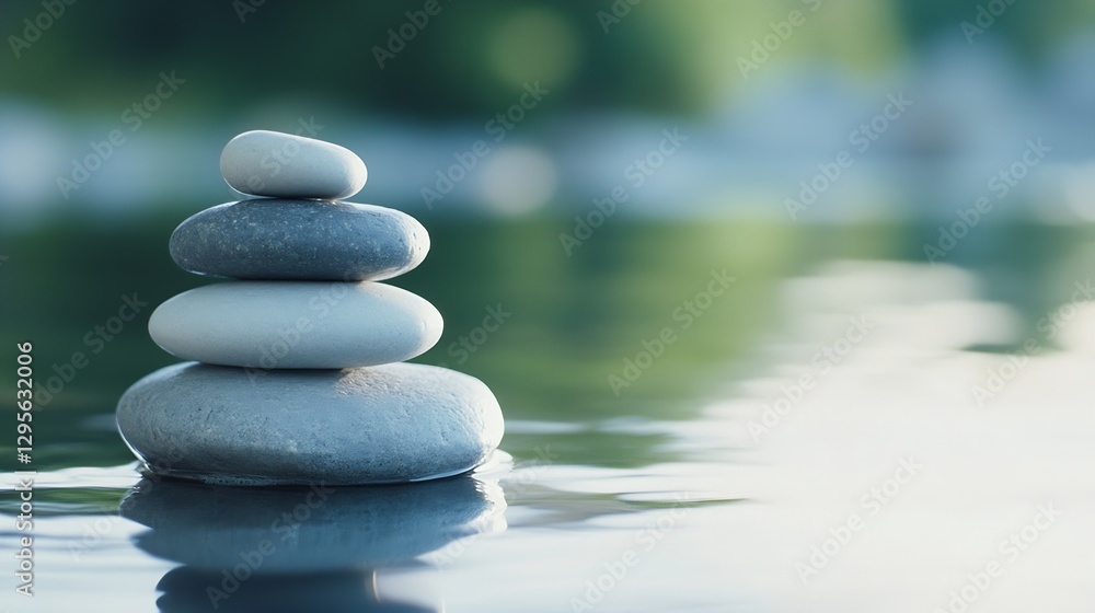 Aufkleber calming stack of smooth stones balancing on serene water surface reflecting a peaceful natural setti